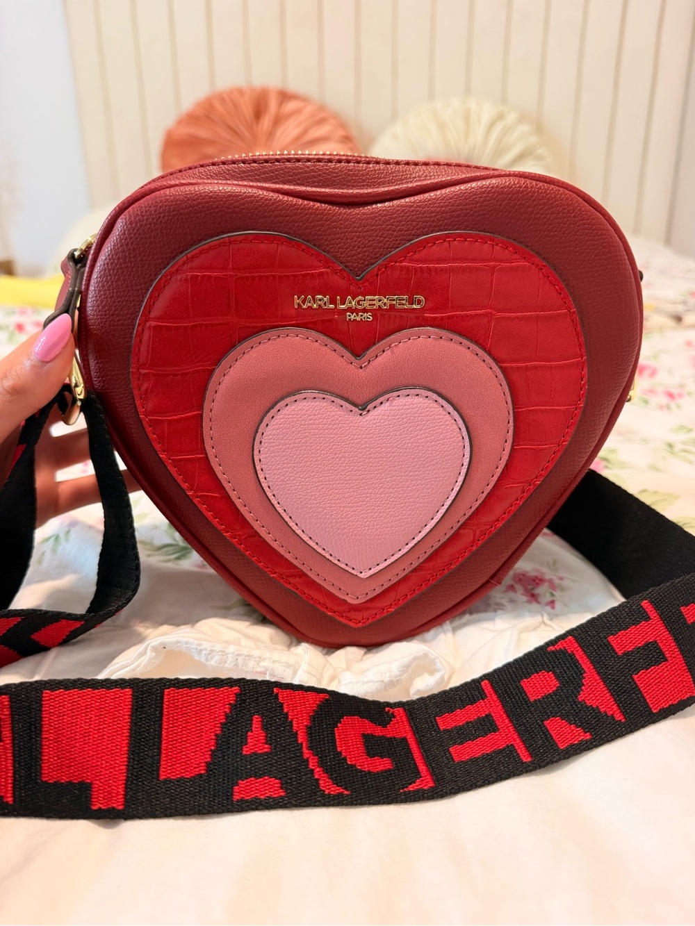Karl Lagerfeld Red and Pink Heart Patch Crossbody Bag
